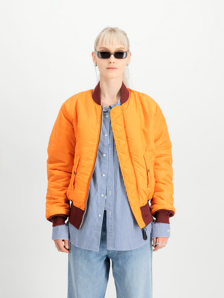jacke, Bomber, orange, Kragen/Rippbündchen, Streifenhemden, orange bomber, Pufferjacke, gestreiftes Shirt, Sonnenbrille, blau
