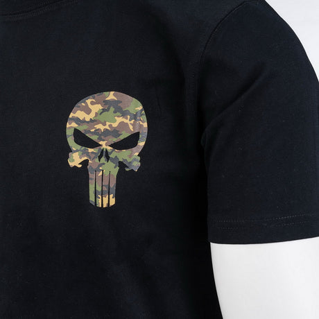 t-shirt, skull logo, camo pattern, short sleeve, black shirt