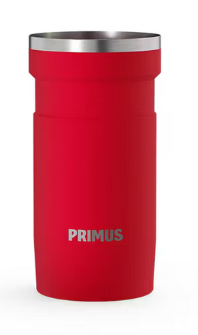Reisebecher, Thermobecher, Rote Farbe, Edelstahlrand, Primus, Thermobecher, Kaffeebehälter, roter Becher, Stahlrand, Isoliert