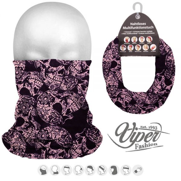 Mehrzweckschal 9 in 1, schwarz pink &quot;Totenkopf&quot;